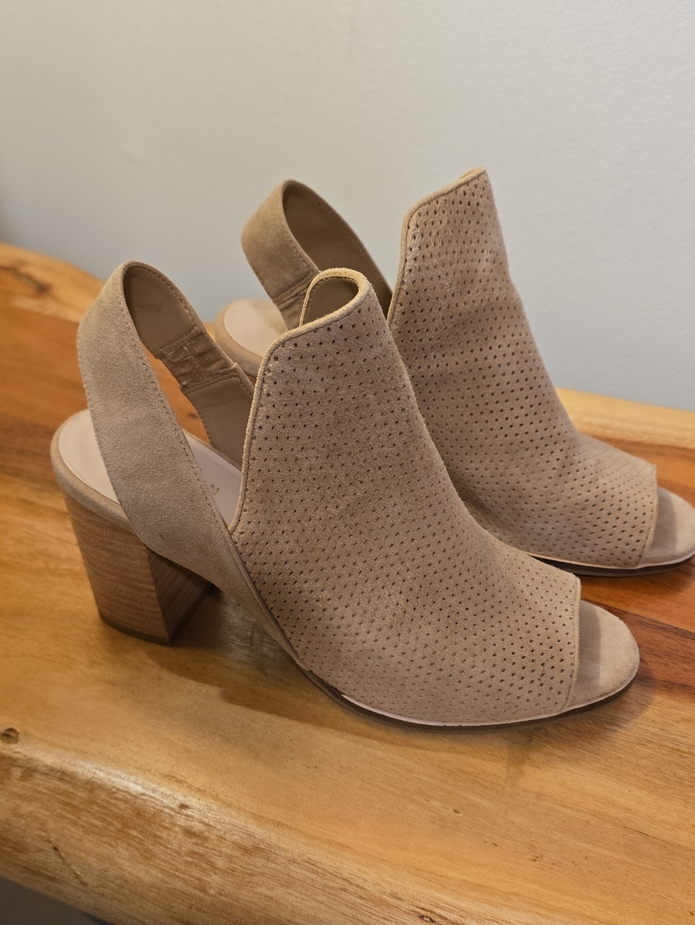 Cole Haan Callista Tan Suede Perforated Peep-Toe Block Heel Slingback